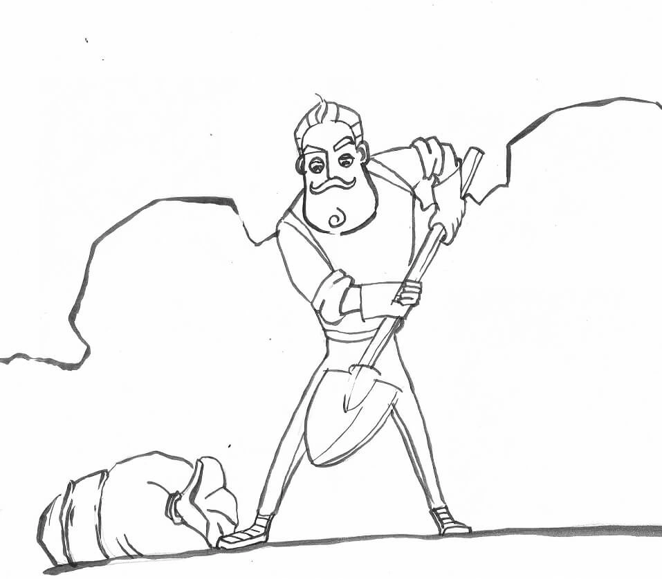 The neighbor is digging a hole with a shovel coloring page